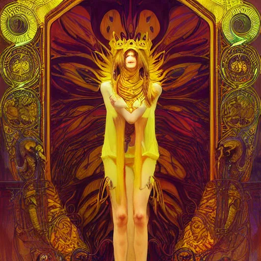 Prompt: king in yellow, lovecraftian, highly detailed painting by ilya kuvshinov, alphonse mucha, gaston bussiere, craig mullins, j. c. leyendecker