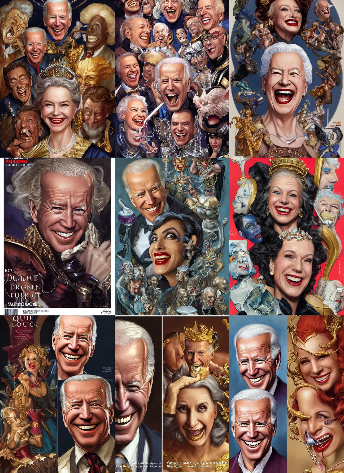 Prompt: queen makeup wearing Joe Biden laughing, Artgerm, Donato Giancola, Joseph Christian Leyendecker