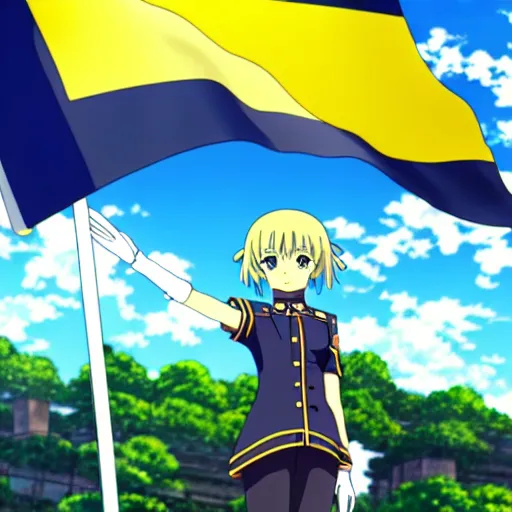 Prompt: fine anime key visual art of a girl general saluting near the flag of the ukraine, anime masterpiece by studio ghibli. 8 k, sharp high quality classic anime render