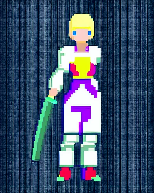 Image similar to a pixel single sprite of a girl holding a sword, in white futuristic armor, pixel art, isometric, 3 2 x 3 2, 2 d game art, 1 6 bit, dynamic pose, # pixelart