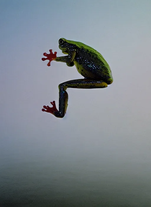 Image similar to semi translucent smiling frog amphibian hovering over misty lake in Jesus Christ pose, cinematic shot by Andrei Tarkovsky, paranormal, spiritual, mystical