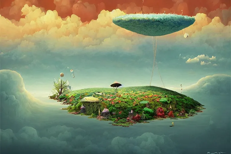 Prompt: surreal glimpse into other universe, floating island in the sky, sea and wind, summer morning, very coherent and colorful high contrast, art by!!!! gediminas pranckevicius!!!!, geof darrow, dark shadows, hard lighting