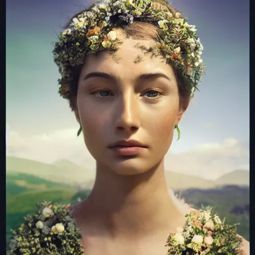 Image similar to photo portrait of a beautiful nature goddess, depth of field, zeiss lens, detailed, symmetrical, centered, by edward robert hughes, connor hibbs, annie leibovitz and steve mccurry, david lazar, jimmy nelsson, breathtaking, 8 k resolution, extremely detailed, beautiful, establishing shot, artistic, hyperrealistic, beautiful face, octane render