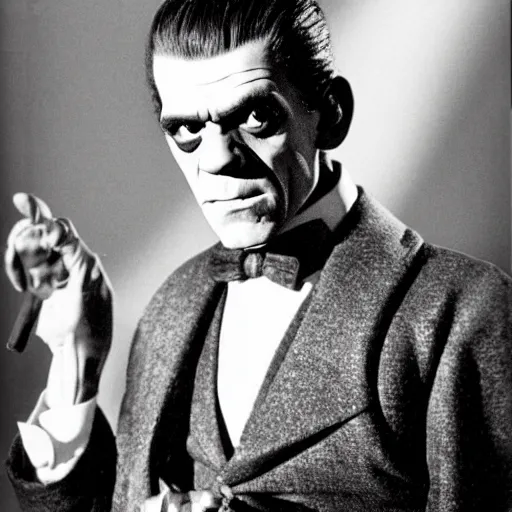 Image similar to boris karloff as frankenstein, dressed in a thirties suit and bowtie