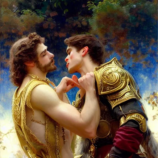 Prompt: attractive fully clothed king confesses his love for his attractive fully clothed male prince. highly detailed painting by gaston bussiere, daniel f. gerhartz, j. c. leyendecker 8 k