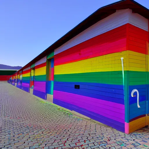 Prompt: psychedelic rainbow colored concentration camp