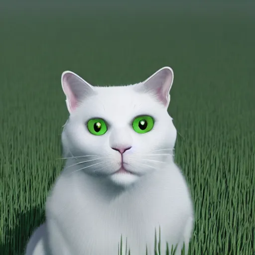 Image similar to an excited white cat sitting in a field, unreal engine, detailed