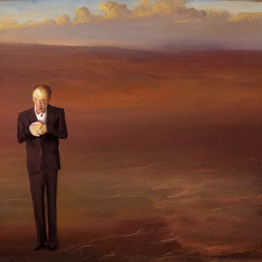 Prompt: a businessman holding a balloon standing on a desolate planet, oil, very high detail