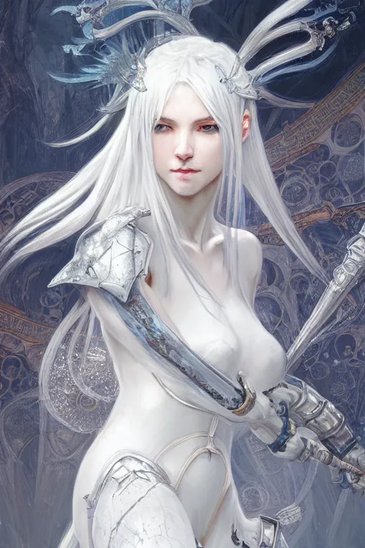 Prompt: portrait white hair knights of zodiac girl, matt white ice color armor, in ruined agora of athens, ssci - fi and fantasy, intricate and very very beautiful and elegant, highly detailed, digital painting, artstation, concept art, frostbite engine, smooth and sharp focus, illustration, art by tian zi and wlop and alphonse mucha