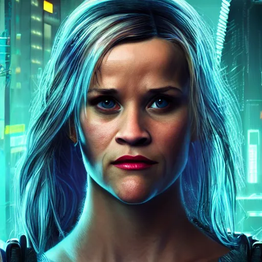 Prompt: reese witherspoon portrait, cyberpunk 2 0 7 7, cyberpunk rogue amendiares, photorealistic, ultra detailed, neon, octane, bokeh, cinematic lighting, cyber, cyberpunk city, studio quality, feature, scars, cyberface, 8 k