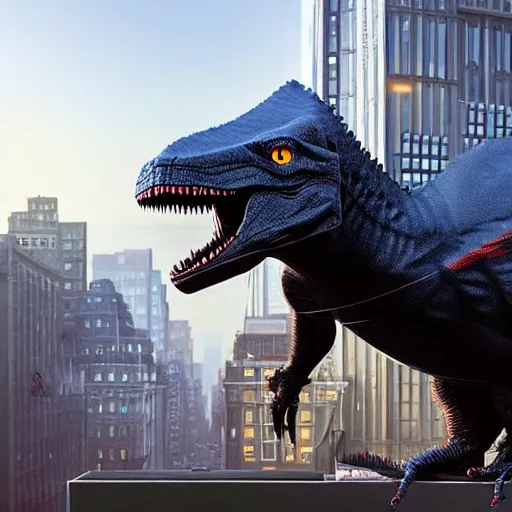 Prompt: Ninja T-rex with cute eyes is dressed in black ninja cloths and is standing on a top of building in New York watching over the city, unreal engine 5, Pixar art by Goro Fujita and Artgerm and Greg Rutkowski