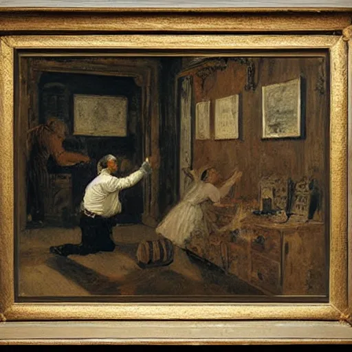 Image similar to a man and a woman solving an escape room puzzle, mysterious markings on the wall, by alfred stevens