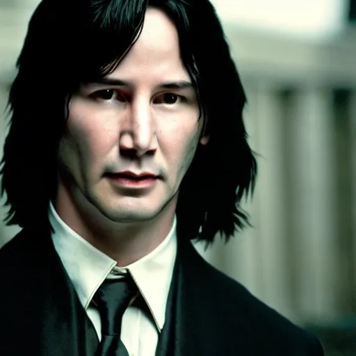 Image similar to Film Still of a Young Keanu Reeves playing a Young Severus Snape in Harry Potter, Film Still, realistic, hyperrealistic, very realistic, very very realistic, highly detailed, very detailed, extremely detailed, detailed, detailed face, very detailed face, very detailed face, realism, HD Quality, 8k resolution, intricate details, body and head in frame, Real Life