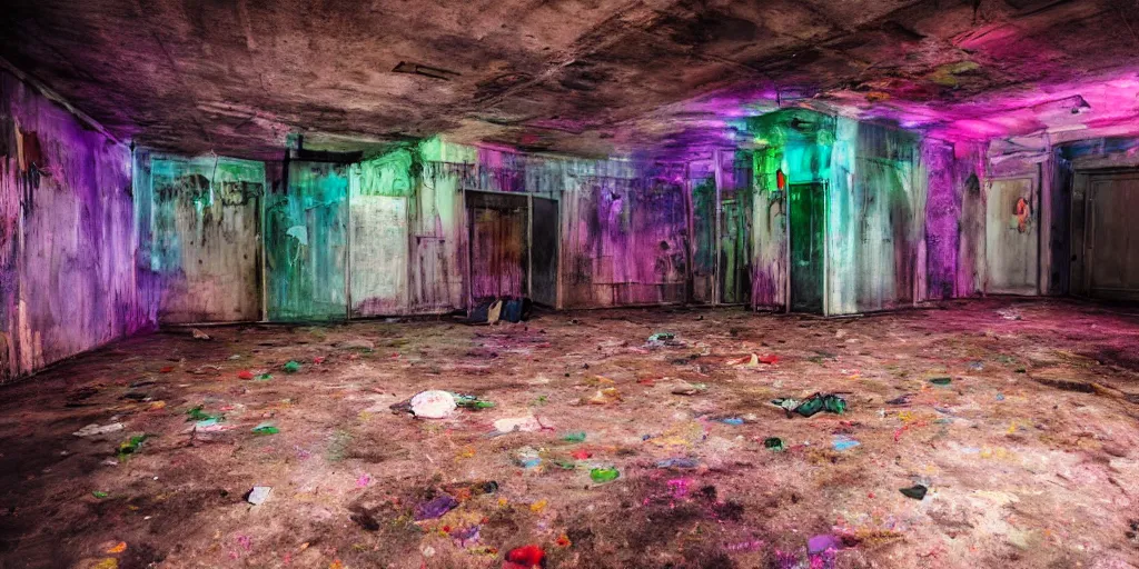 Image similar to a photograph of liminal space weird clean colorful place with something but empty, interior, unsettling, normal place with weird feeling, liminal space aesthetic, dark scene with flash