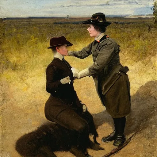 Prompt: female park ranger petting a veloceraptor by alfred stevens