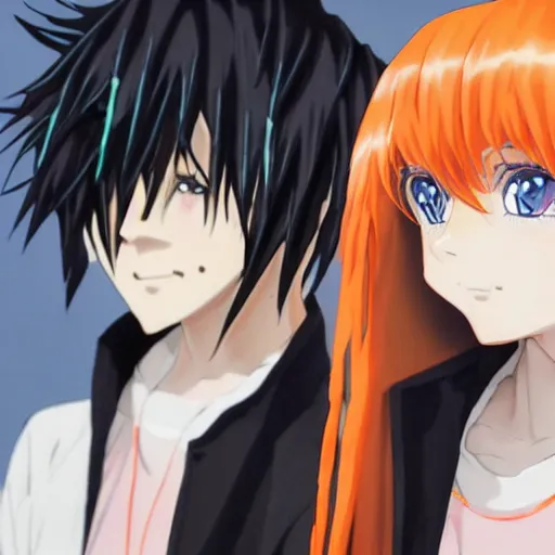 Image similar to orange - haired anime boy, 1 7 - year - old anime boy with wild spiky hair, standing next to 1 7 - year - old pale - skinned persian girl with black hair long bob cut, long bangs, black gothic jacket, ultra - realistic, sharp details, subsurface scattering, blue sunshine, intricate details, hd anime, 2 0 1 9 anime