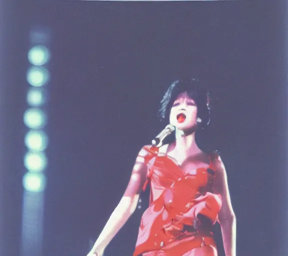 Image similar to photo of singer singing in an japan 1 9 8 0 pop big concert, color photo, colored