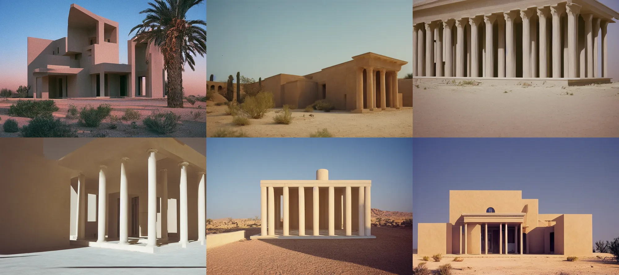 Prompt: film still of a modern house in the style of a monumental néo-classical temple in the desert, by Étienne-Louis Boullée cinestill 800t 35mm full-HD