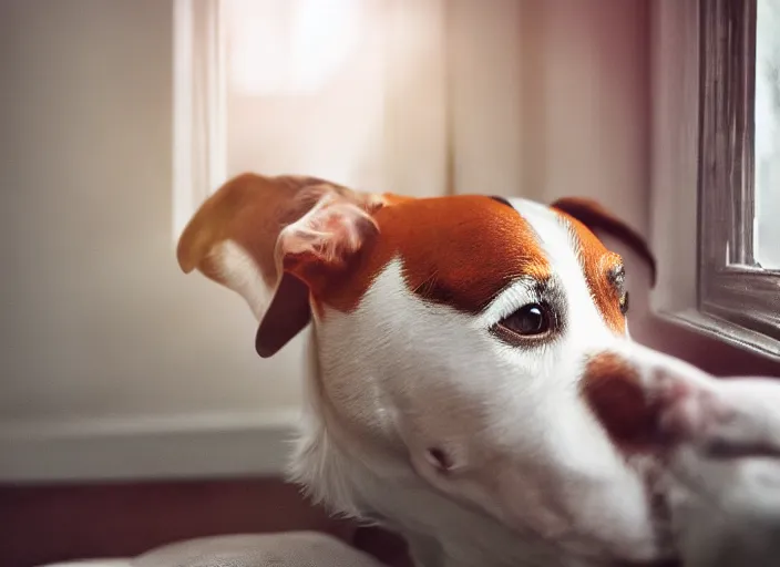 Image similar to photography of a Jack Russel . watching outside the window. on a bed. in a vintage room full of vinyls and posters.,volumetric light, photorealistic,, award winning photo, 100mm, sharp, high res