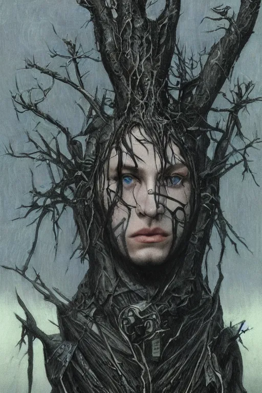 Prompt: portrait of beautiful gothic and futuristic young man, warcraft, cyber and rocks armor whith some trees, a lot of more and more scars, thunderstorm, black with white head, the middle ages, highly detailed, artstation, illustration, more and more composision, 8 k quality, art by jean delville