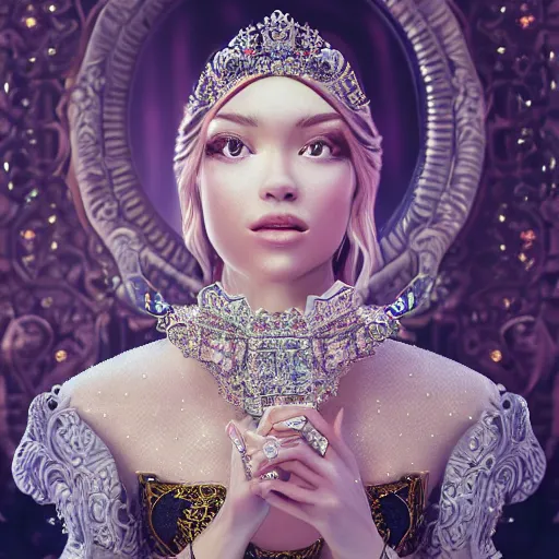 Image similar to portrait of pretty princess with perfect skin, glowing, ornate and intricate diamond jewelry, jaw dropping beauty, ornate and intricate backdrop, white accent lighting, hyper detailed, 4 k octane render