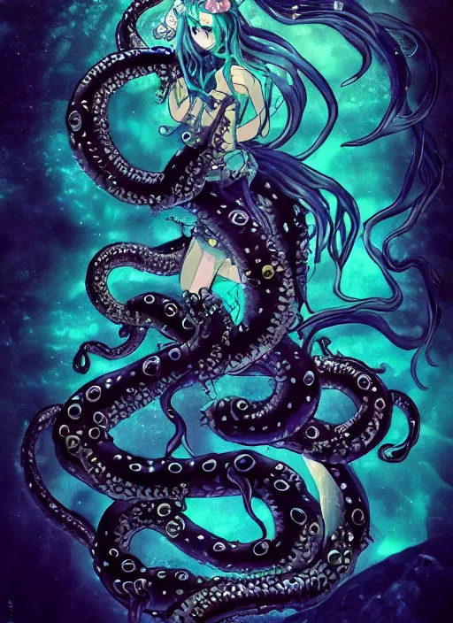 Prompt: A full shot of a Kawaii sea creature from the Abyss made of opals and oil wearing a black dress made of serpents and crystal. Fully Clothed. Under Water. Shallow Depth of Field. Tilt Shift. Symmetrical. Deepsea photography. Dark foreboding Atmosphere. Sailor Moon. Tentacles. Kawaii. Caustic refraction. Demon Horns, Angel Wings, By Lisa Frank and Giger and Ruan Jia and Artgerm and Range Murata and WLOP. Key Art. Fantasy Illustration. award winning, Artstation, intricate details, realistic, Hyperdetailed, 8k resolution.