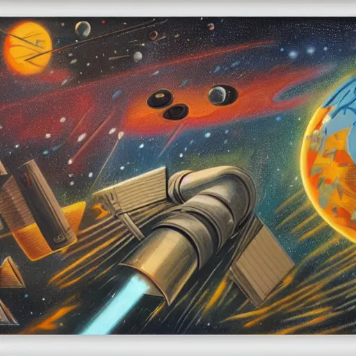 Image similar to rough texture, tempera, rockets, astronauts and space colonies, utopian, by david a. hardy, wpa, public works mural, socialist, propaganda