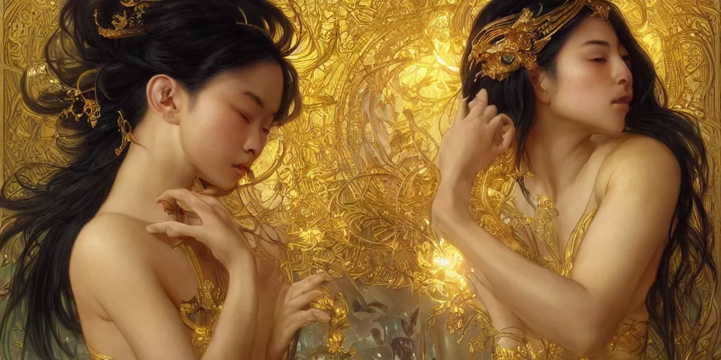 Image similar to asian nymph bald goddess, flowing golden silk twisting with whiten tattoos of cursive sigils on her opalescent skin, fantasy, intricate, very beautiful, elegant, golden light, highly detailed, art by artgerm and greg rutkowski and alphonse mucha