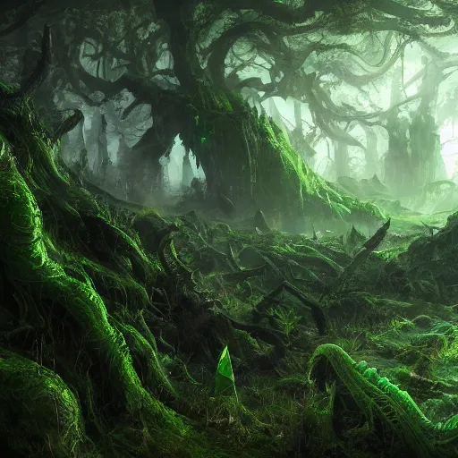 Image similar to a green eldritch monstrosity in an overgrown forest viewed from the sky by Marek Okon, god rays, fantasy art, 4k, HDR, photorealistic, 8k, trending on artstation