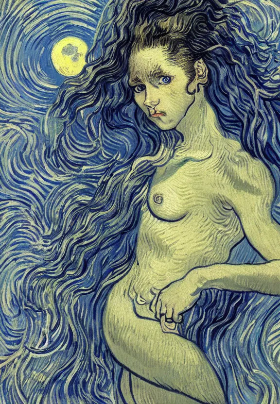 Image similar to perfectly centered portrait front view of a beautiful biomechanical moon goddess, flowing hair, intense stare, sweet sarcastic smile, symmetrical, concept art, intricate detail, volumetric shadows and lighting, realistic oil painting by van gogh, gustave dore,