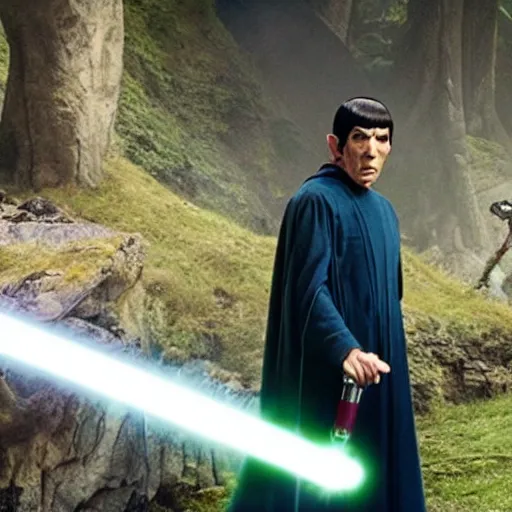 Prompt: a still shot of a movie, spock from star trek, spock holding a starwars lightsaber, spock in the hobbit shire, spock wearing hogwarts robes, spock is wearing a wizard's hat, 4k