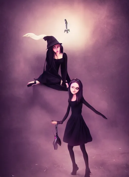 Prompt: young witch ; occult magic ; black dress ; nice face ; a crow sitting on her head ; unreal engine ; photorealistic ; dark colors ; cinematic light