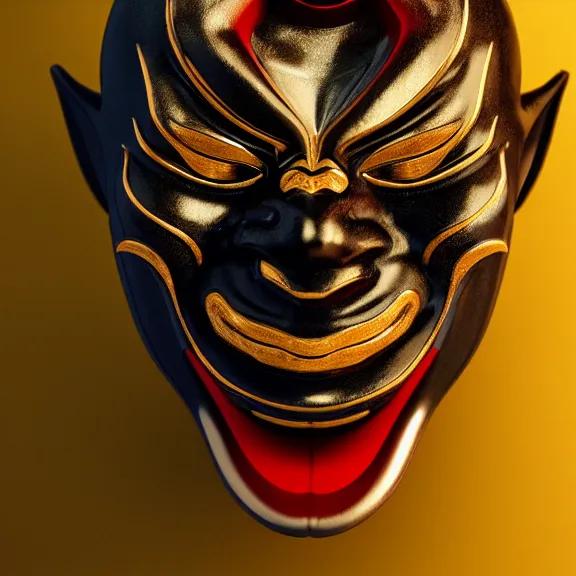 Image similar to a black hannya (般若) mask, kintsugi, dramatic angle, ornate, details, smooth, sharp focus, illustration, realistic, cinematic, artstation, award winning, rgb , unreal engine, octane render, cinematic light, macro, depth of field, blur, red light, 8K,