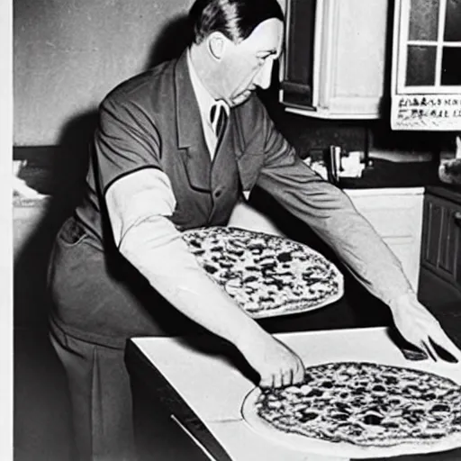 Image similar to hitler making a pizza wearing a pizza man uniform with a swastika on it, photo