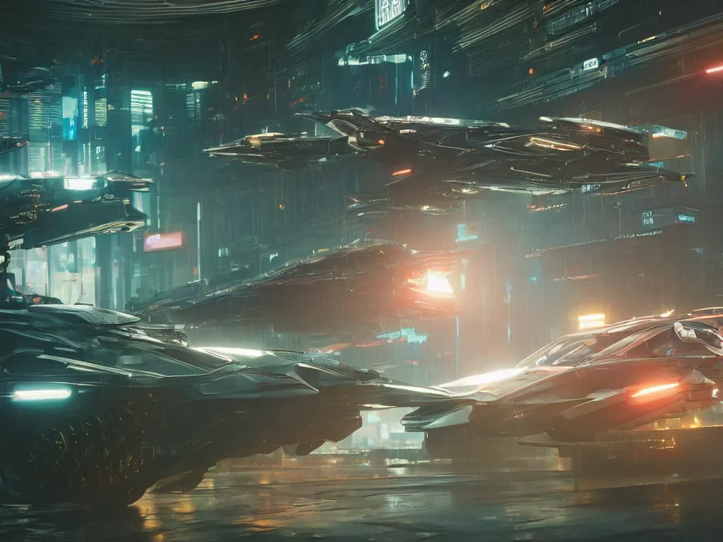 Image similar to ( cyberpunk 2 0 7 7, bladerunner 2 0 4 9 ) scientists creating an artificial alien highly detailed futuristic biomechanical thick smooth quad wing combat spaceship in their spaceship lab, hyper realistic, highly detailed, sharp focus, depth of field, photography, natural light,, ultra detailed, photorealistic, by brian sum and annie leibowitz, - t