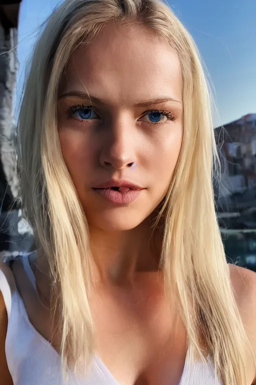 Prompt: 2 4 year old symmetrical blonde female wearing white v - neck top, neck zoomed in from lips down, photo realistic, extreme detail skin, no filter, slr, golden hour, 4 k, high definition, photograph, selfie