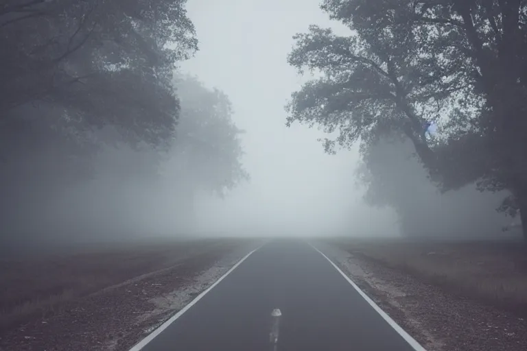 Image similar to looking down road, a lonely house, fog, mid night, dark, car lights