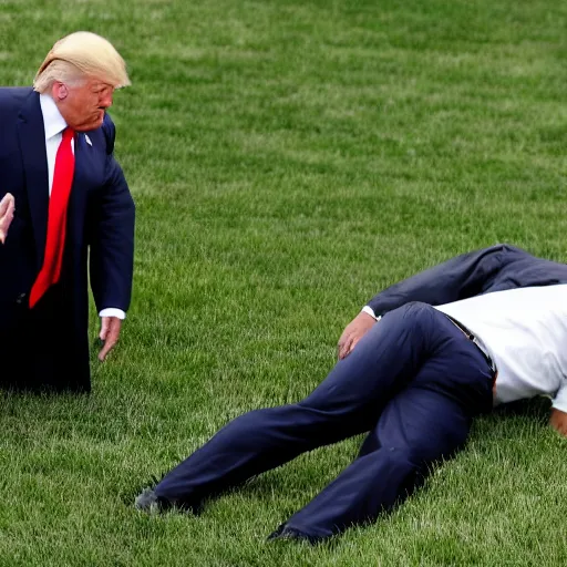 Image similar to donald trump doing a pile driver on joe biden on the white house lawn, wwe style