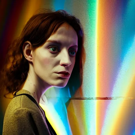 Prompt: hyperdetailed photo of a serious skinny woman with light eyes in front of a dark rainbow cybercity, hollow cheeks, wearing fashion suit, inside berghain, classic, photo 3 5 mm leica, hyperdetail, 8 k, very detailed, fine face