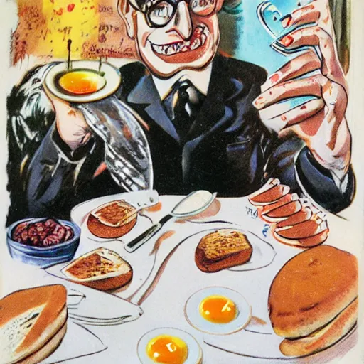 Prompt: 1950s breakfast of eggs sausage and toast in the style of Ralph Steadman