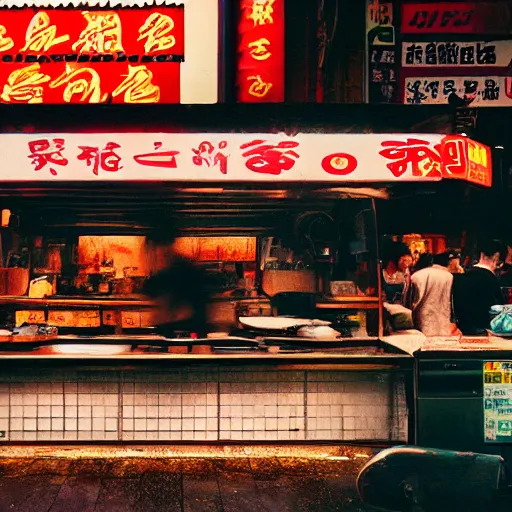 Prompt: a street noodle bar in the rainy city of neolondon, a steaming bowl of ramen sitting on the table against the rainy background of neon signs, cyberpunk, futuristic, grungy, film grain, polaroid photograph