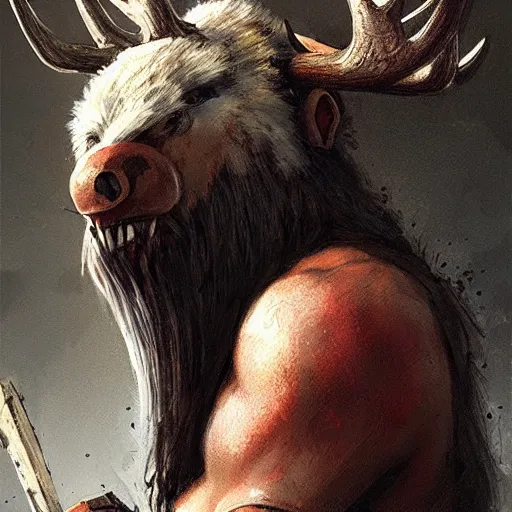 Prompt: hairy barbarian with moose helmet by greg rutkowski