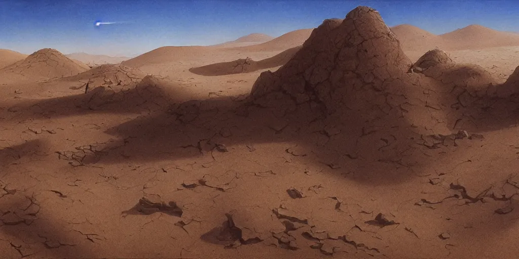 Prompt: Artwork by John Howe of the cinematic view of The Eerie Sandpit, a Desert, within which can be found an enunciable bastion.