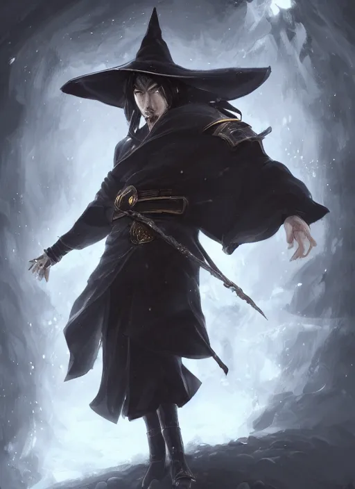 Image similar to a highly detailed illustration of Hiroyuki Sanada as wizard wearing black robe and mage hat, elegant magic floating pose, intricate, elegant, highly detailed, centered, digital painting, artstation, concept art, smooth, sharp focus, league of legends concept art, WLOP