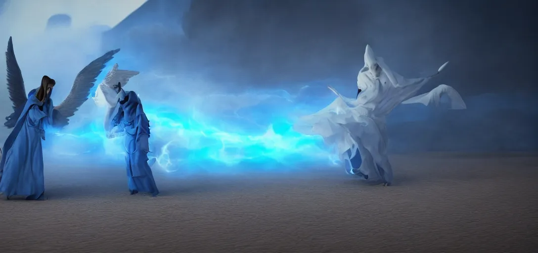 Image similar to an evil demon in blue and yellow robes fighting an angel in white robes in a desert, luminescent eyes, sunny weather, rendered in octane, realistic, 8 k, vivid, intricate, detailed, mist, fog, dramatic light