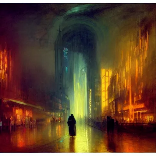 Image similar to futuristic cyberpunk neon cityscape with hooded figure in foreground painted by William Turner 1860