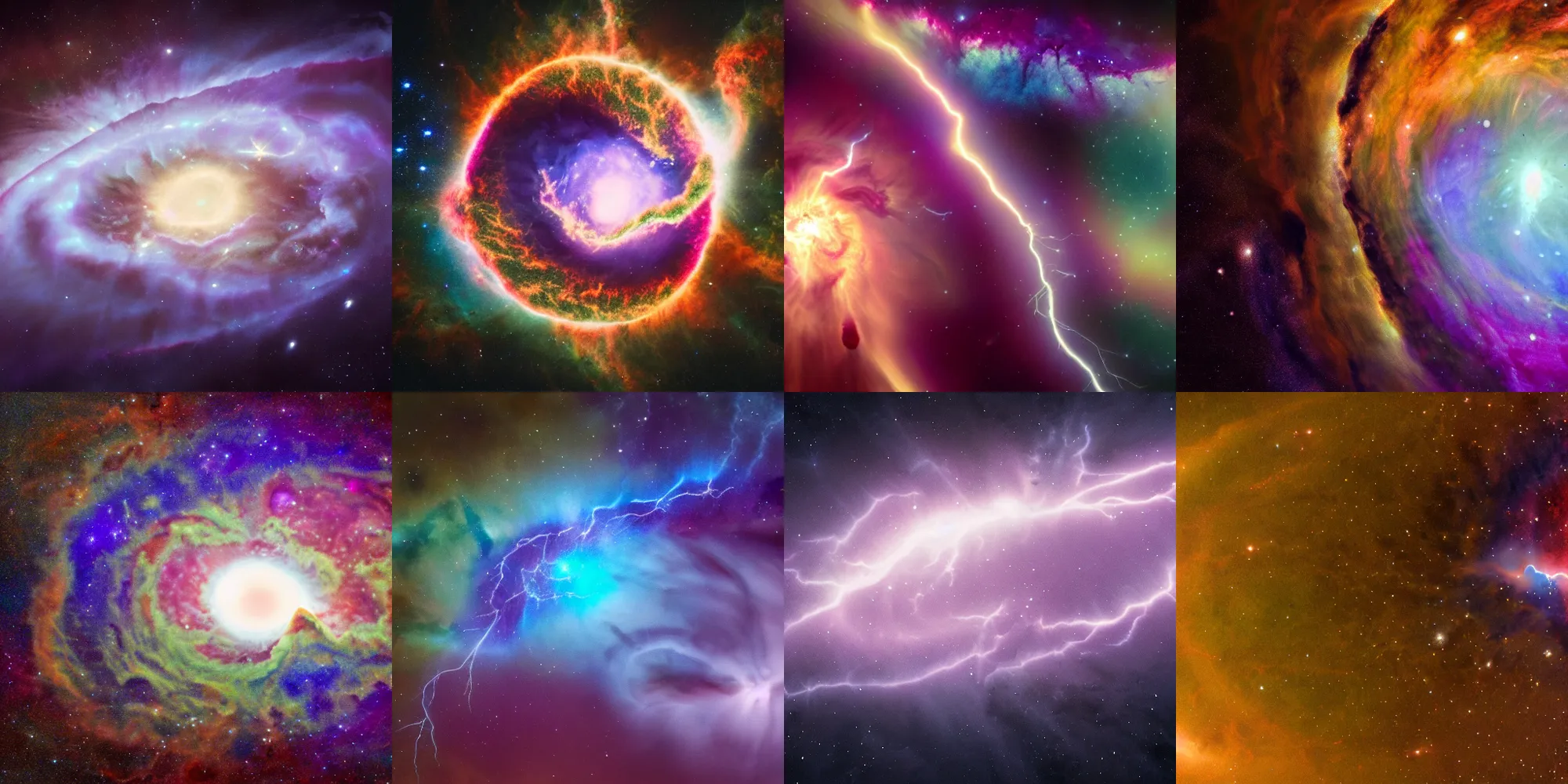 Prompt: nebula made of lightning, planets, shore, twister, frog, 4 k