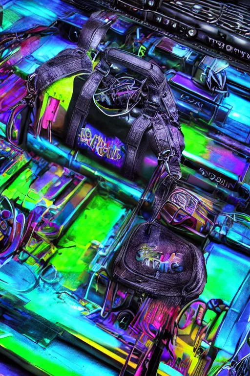 Prompt: photo of a handbag, band merchandise, printed band name is tripmachine, realistic digital art, hanbag is textured with a 3 d render of a huge futuristic steampunk generator, 8 k, fluorescent colors, halluzinogenic, multicolored, exaggerated detailed, unreal engine