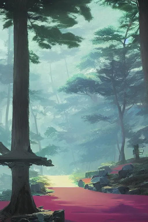 Image similar to traditional Japanese Torii in a colorful moutain with trees ,morning , by Grzegorz Rutkowski, concept art