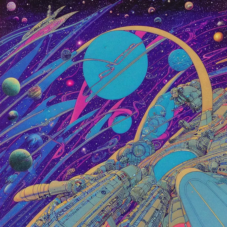 Image similar to ( ( ( ( the dimensional gap at the end of the galaxy and space ship ) ) ) ) by mœbius!!!!!!!!!!!!!!!!!!!!!!!!!!!, overdetailed art, colorful, artistic record jacket design